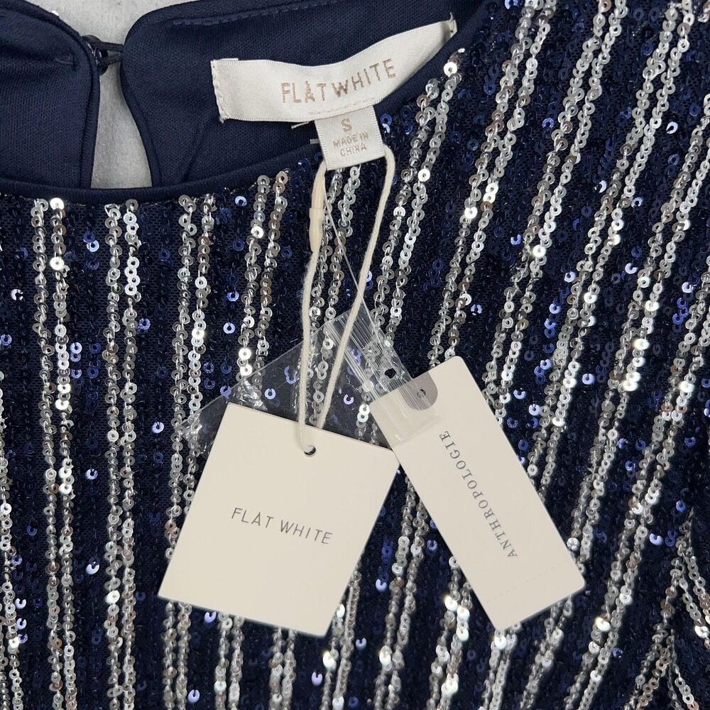 Anthropologie Flat White Dress Women Small Navy Blue Silver Sequin Striped Party - Picture 6 of 16